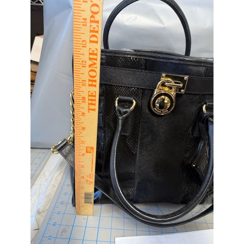 Michael Kors Hamilton Black Mixed Media Calf Hair Croc Embossed Leather Tote Bag